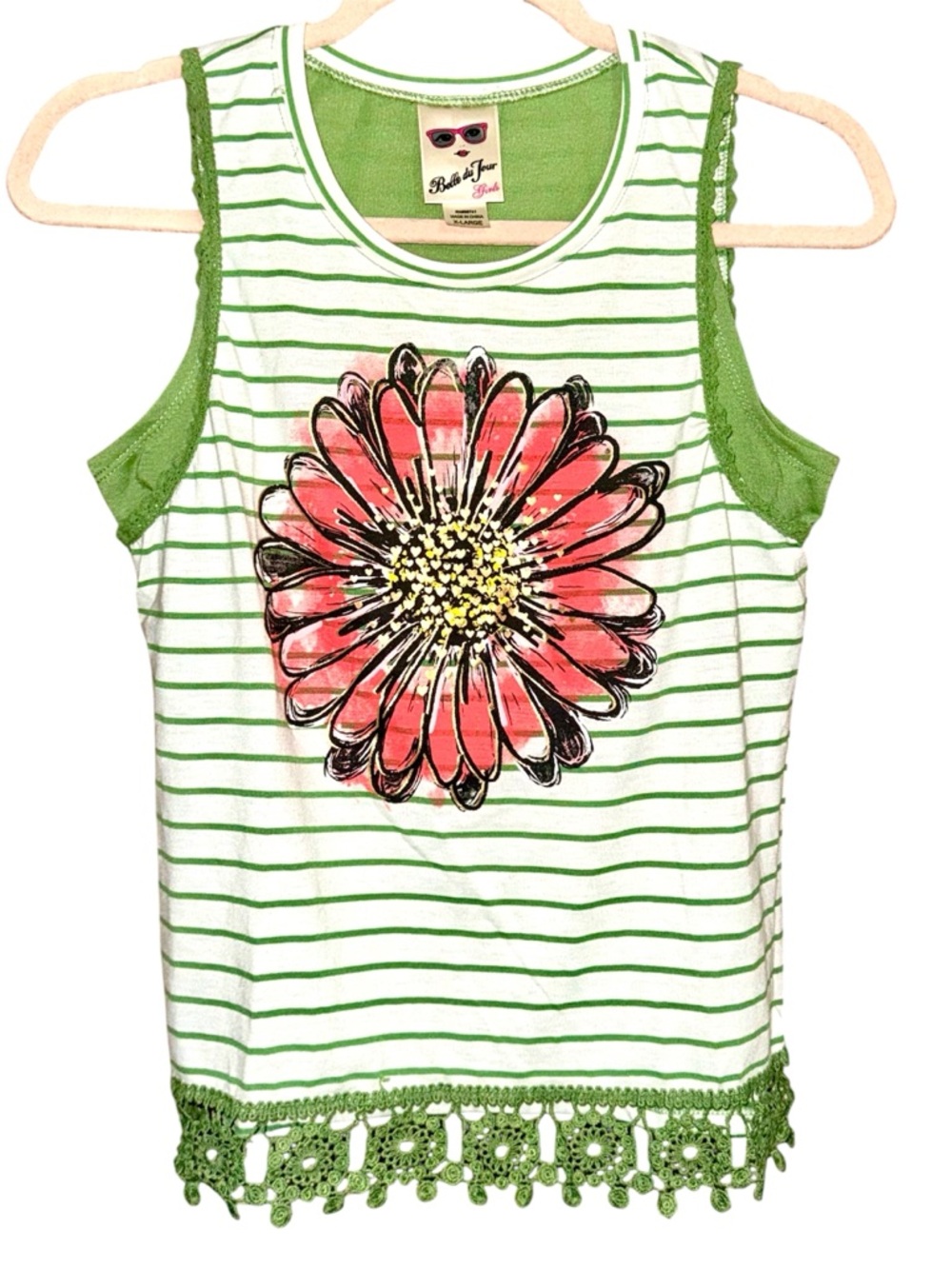 Belle Du Jour Green & Pink Daisy Striped Tank - XL